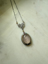 Load image into Gallery viewer, White 10k Gold Enamel Rose Quartz Seed Pearl Necklace 16”