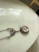 Load image into Gallery viewer, White 10k Gold Enamel Rose Quartz Seed Pearl Necklace 16”