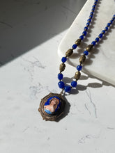 Load image into Gallery viewer, Victorian Czech Glass Bead & Brass Filigree Enamel Portrait Locket Necklace 19”