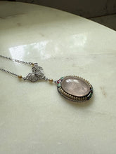 Load image into Gallery viewer, White 10k Gold Enamel Rose Quartz Seed Pearl Necklace 16”