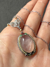 Load image into Gallery viewer, White 10k Gold Enamel Rose Quartz Seed Pearl Necklace 16”