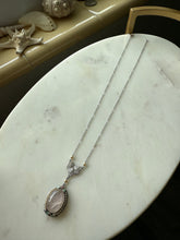 Load image into Gallery viewer, White 10k Gold Enamel Rose Quartz Seed Pearl Necklace 16”