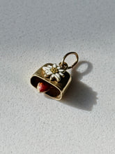 Load image into Gallery viewer, Art Deco Swiss White Enamel Edelweiss Flower Cow Bell 14k Gold Charm
