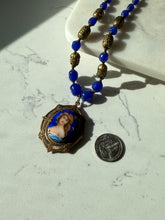 Load image into Gallery viewer, Victorian Czech Glass Bead & Brass Filigree Enamel Portrait Locket Necklace 19”