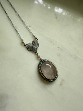 Load image into Gallery viewer, White 10k Gold Enamel Rose Quartz Seed Pearl Necklace 16”