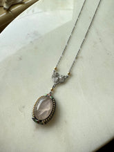 Load image into Gallery viewer, White 10k Gold Enamel Rose Quartz Seed Pearl Necklace 16”