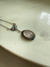 Load image into Gallery viewer, White 10k Gold Enamel Rose Quartz Seed Pearl Necklace 16”