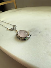 Load image into Gallery viewer, White 10k Gold Enamel Rose Quartz Seed Pearl Necklace 16”