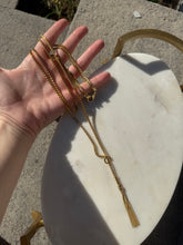 Load image into Gallery viewer, Italian 18k Yellow Gold Box Link Double Chain Lariat Tassel Necklace 20”