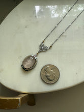 Load image into Gallery viewer, White 10k Gold Enamel Rose Quartz Seed Pearl Necklace 16”