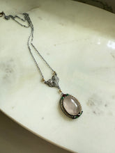 Load image into Gallery viewer, White 10k Gold Enamel Rose Quartz Seed Pearl Necklace 16”