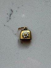 Load image into Gallery viewer, Art Deco Swiss White Enamel Edelweiss Flower Cow Bell 14k Gold Charm