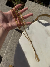 Load image into Gallery viewer, Italian 18k Yellow Gold Box Link Double Chain Lariat Tassel Necklace 20”