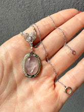 Load image into Gallery viewer, White 10k Gold Enamel Rose Quartz Seed Pearl Necklace 16”