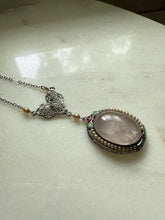 Load image into Gallery viewer, White 10k Gold Enamel Rose Quartz Seed Pearl Necklace 16”