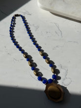 Load image into Gallery viewer, Victorian Czech Glass Bead & Brass Filigree Enamel Portrait Locket Necklace 19”