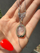 Load image into Gallery viewer, White 10k Gold Enamel Rose Quartz Seed Pearl Necklace 16”