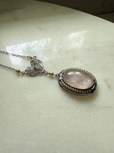 Load image into Gallery viewer, White 10k Gold Enamel Rose Quartz Seed Pearl Necklace 16”