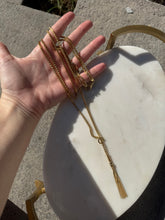 Load image into Gallery viewer, Italian 18k Yellow Gold Box Link Double Chain Lariat Tassel Necklace 20”