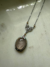 Load image into Gallery viewer, White 10k Gold Enamel Rose Quartz Seed Pearl Necklace 16”
