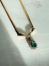 Load image into Gallery viewer, Italian 14k Yellow Gold Cuban Link Pear Cut Emerald &amp; Diamond Halo Drop Necklace
