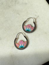 Load image into Gallery viewer, 1970s Pink Enamel Flower Sterling Silver Hoop Earrings
