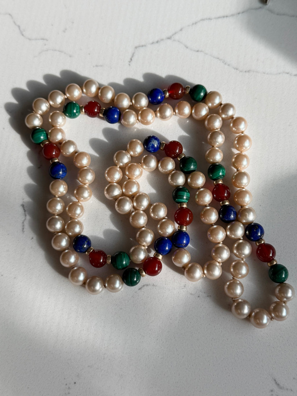 Vintage Malachite Carnelian Lapis Pearl 14k Gold Necklace 33”