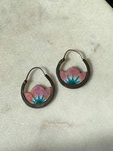 Load image into Gallery viewer, 1970s Pink Enamel Flower Sterling Silver Hoop Earrings
