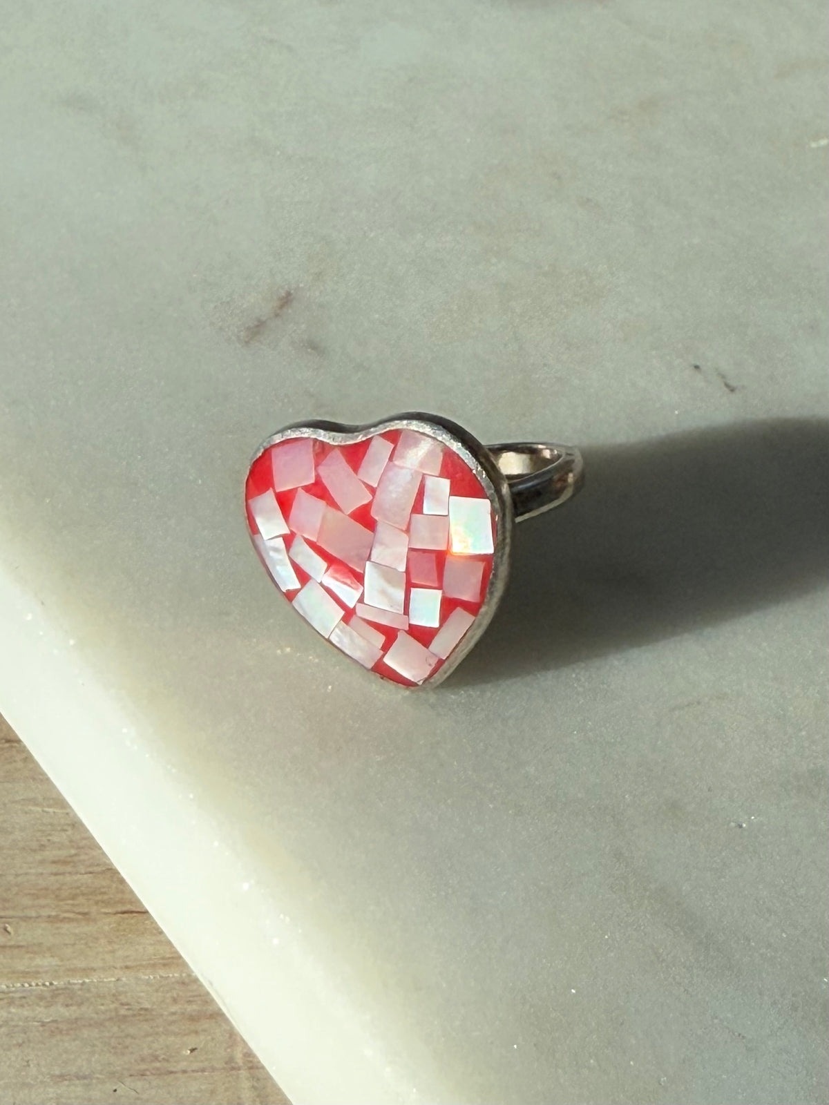 Mosaic Inlay Sterling Silver Heart Ring Size 6.5