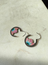 Load image into Gallery viewer, 1970s Pink Enamel Flower Sterling Silver Hoop Earrings
