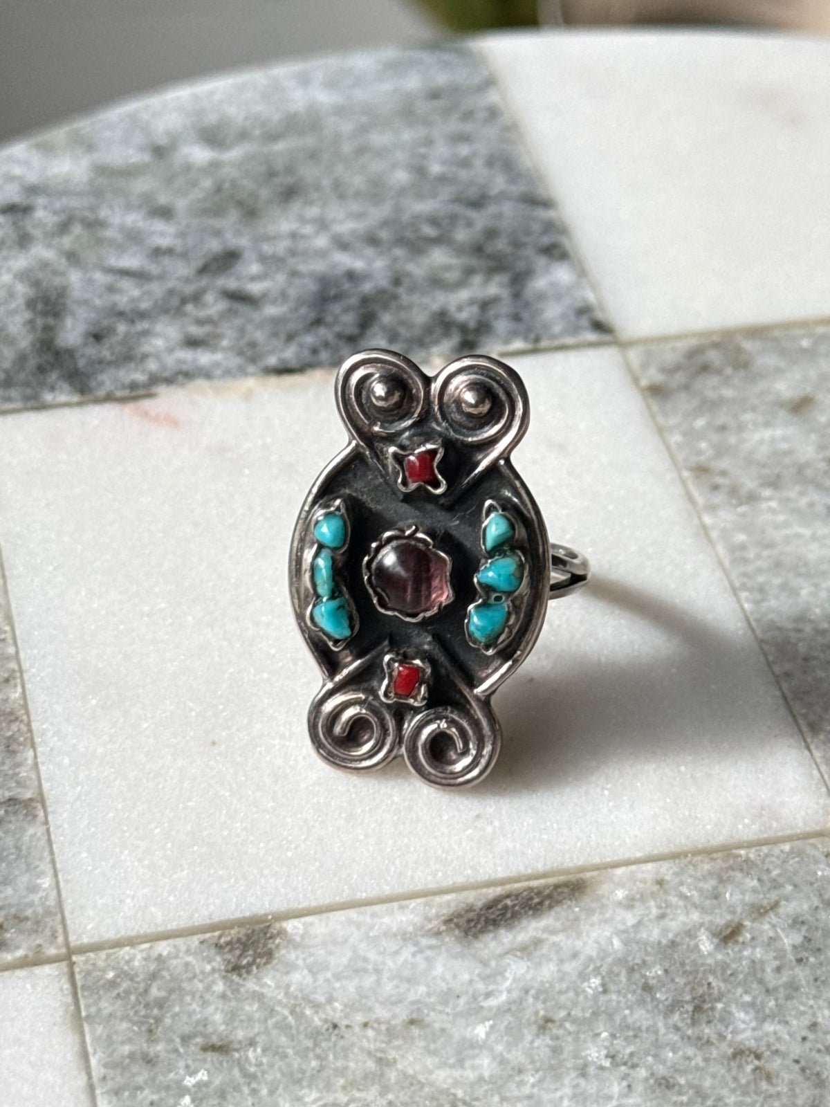 Taxco Sterling Silver Turquoise Amethyst Coral Ring Size 10.75