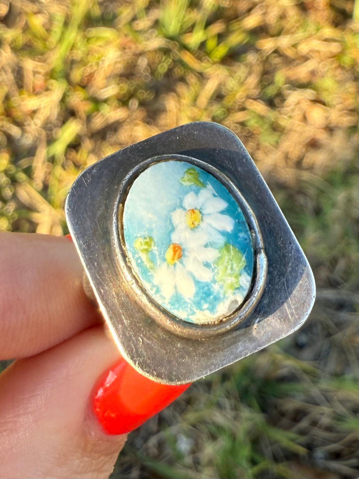 Floral Painted Sterling Silver Ring Size 7