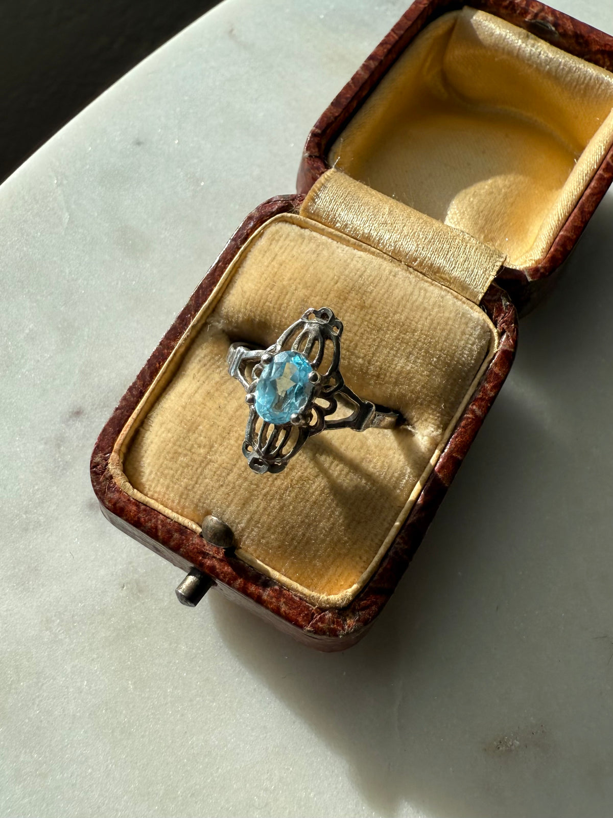 Vintage Filigree Blue Topaz Sterling Silver Ring Size 8.25