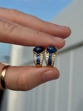 Load image into Gallery viewer, Solid 18k Gold Diamond &amp; Blue Sapphire Omega Back Earrings
