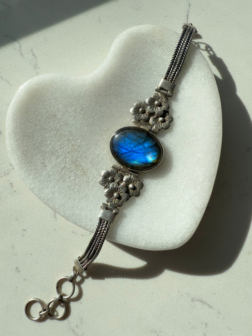 Vintage Floral Labradorite Sterling Toggle Clasp Bracelet