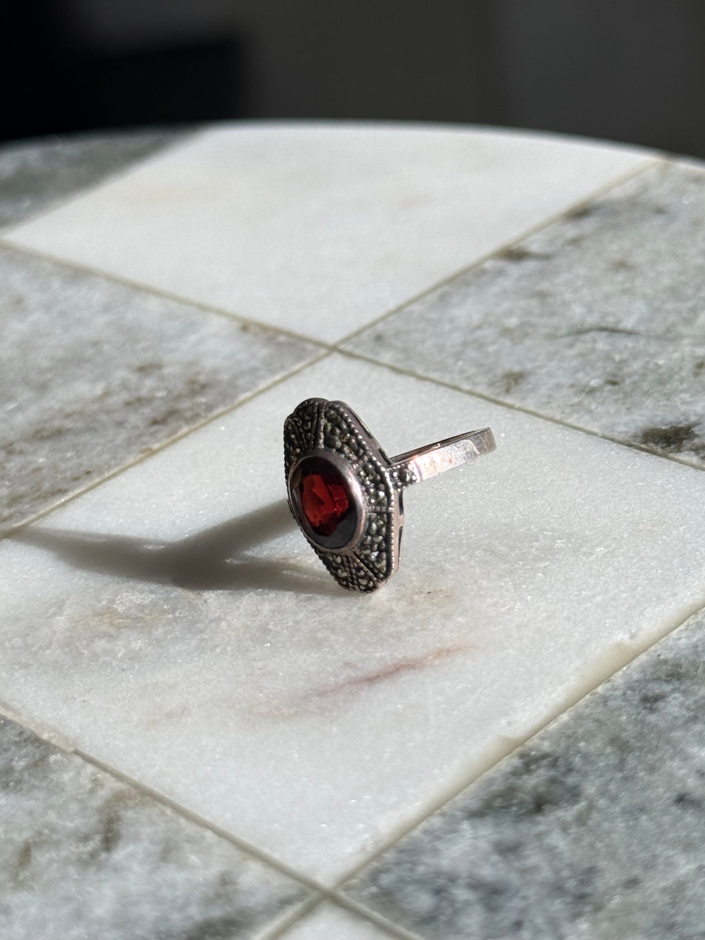 Vintage Garnet & Marcasite Sterling Silver Ring Size 5