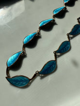 Load image into Gallery viewer, Meka Denmark Blue Enamel Leaf Gold Vermeil Sterling Necklace 15”
