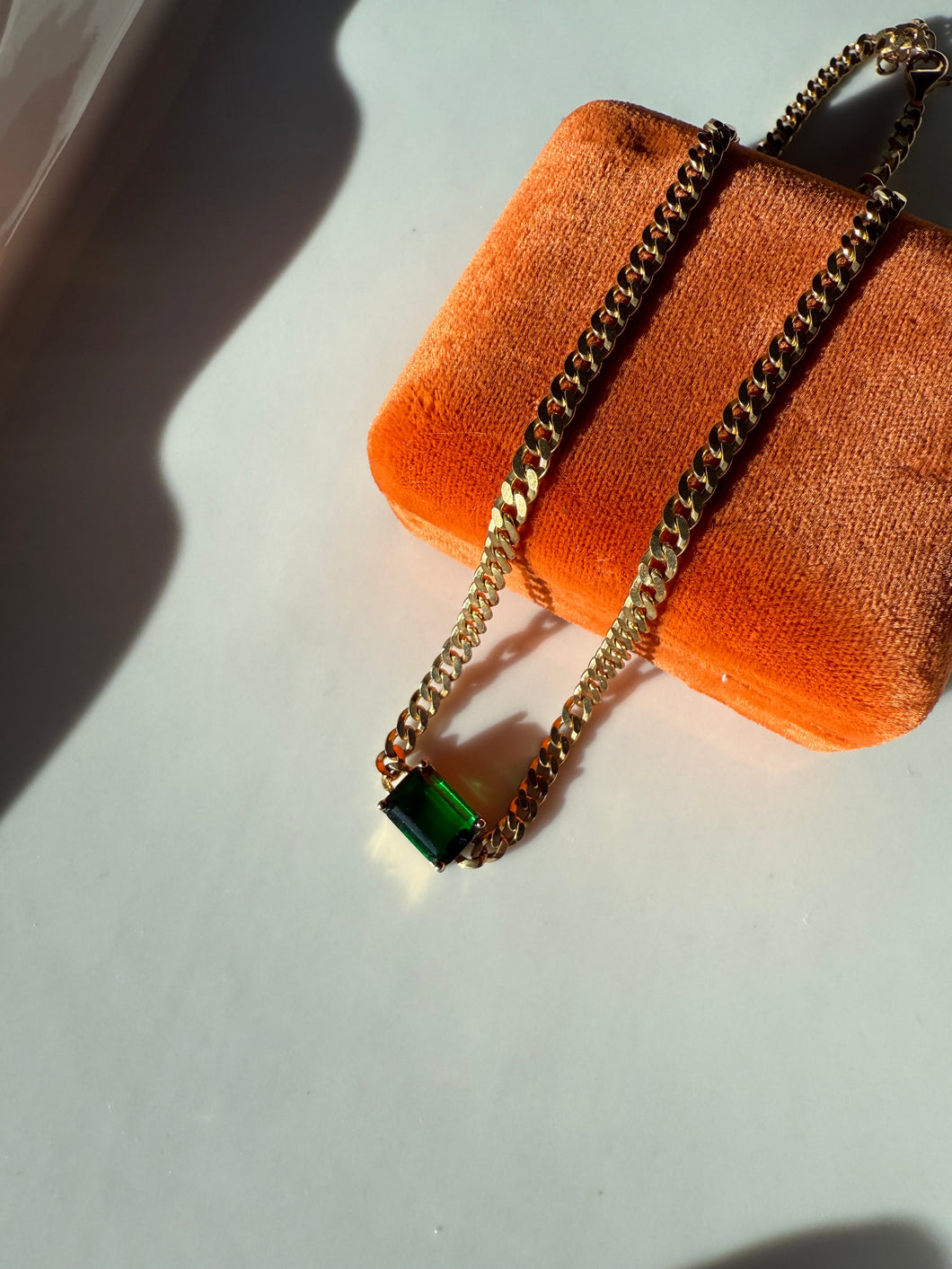 Cuban Link Gold Vermeil Green Glass Stone Necklace