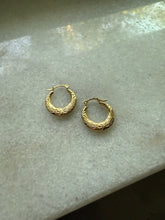 Load image into Gallery viewer, Floral Etched 14k Yellow Gold Mini Hoops
