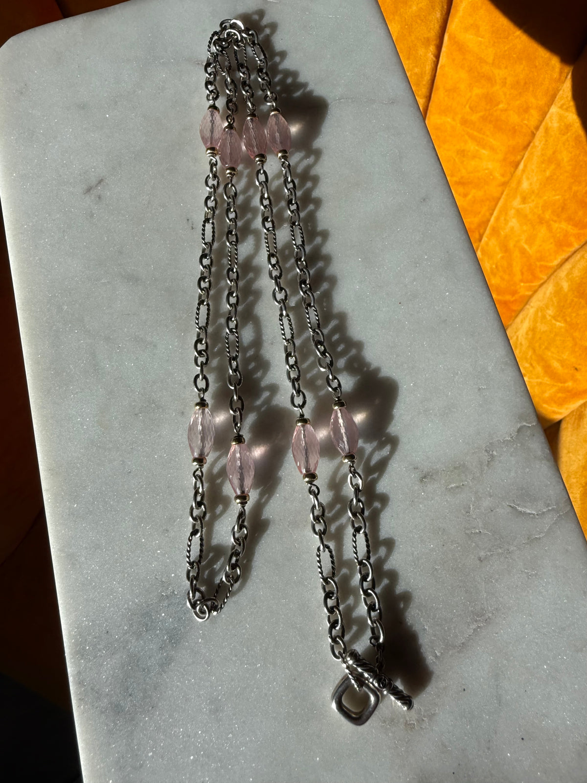 David Yurman Faceted Rose Quartz Sterling Silver & 18k Gold Toggle Clasp Chain