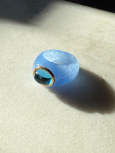 Load image into Gallery viewer, Jade &amp; Blue Topaz Ring w/ 14k Yellow Gold Size 6.25
