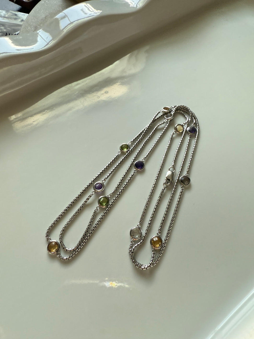 Multi-gemstone Sterling Silver Station Chain Necklace 36”