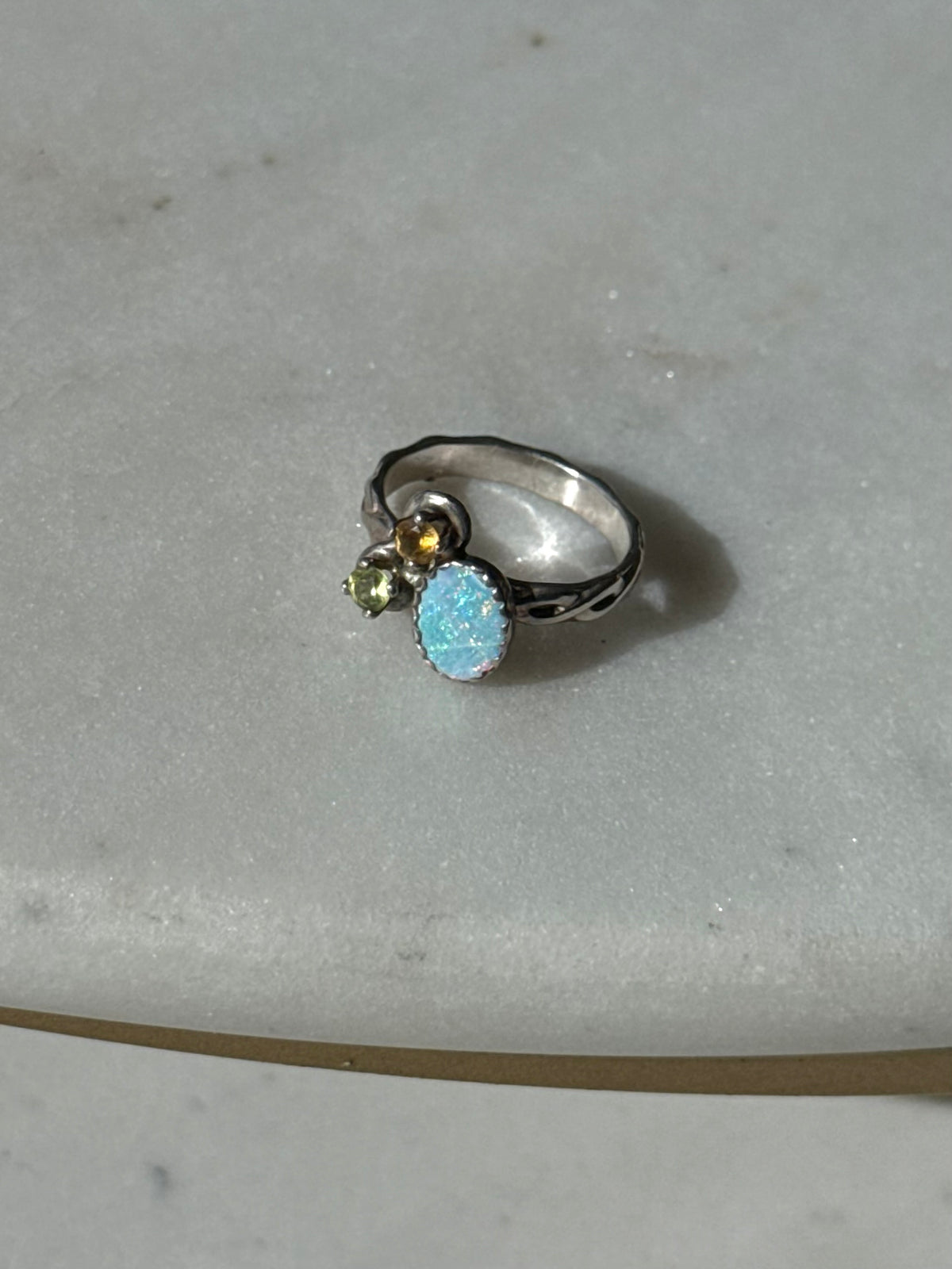 Vintage Sterling Silver Opal, Citrine & Peridot Ring Size 5