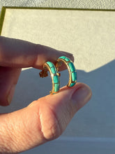 Load image into Gallery viewer, Vintage 14k Solid Gold Turquoise Inlay Hoops
