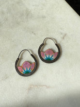 Load image into Gallery viewer, 1970s Pink Enamel Flower Sterling Silver Hoop Earrings

