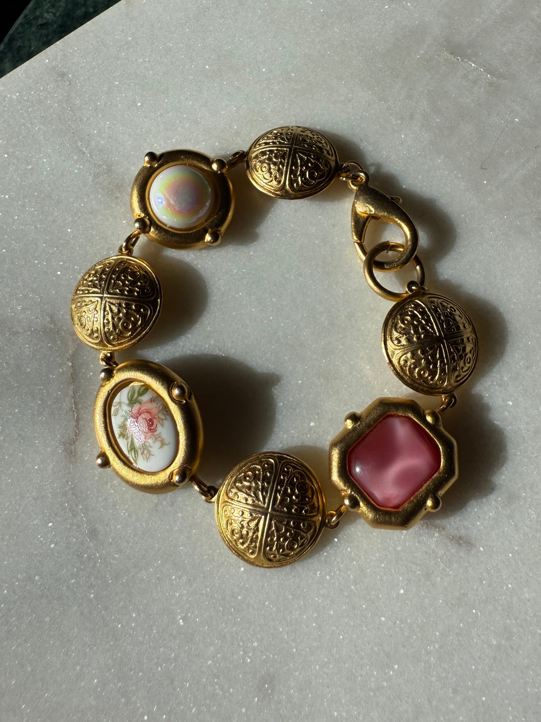 Floral Pink & Gold Vintage Costume Bracelet 7”