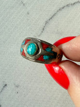 Load image into Gallery viewer, Crushed Turquoise &amp; Coral Inlay Sterling Ring 8.25
