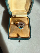Load image into Gallery viewer, Rose Cut Diamond Seed Pearl Turquoise Victorian 10k Rosey Gold Ring Size 5.25
