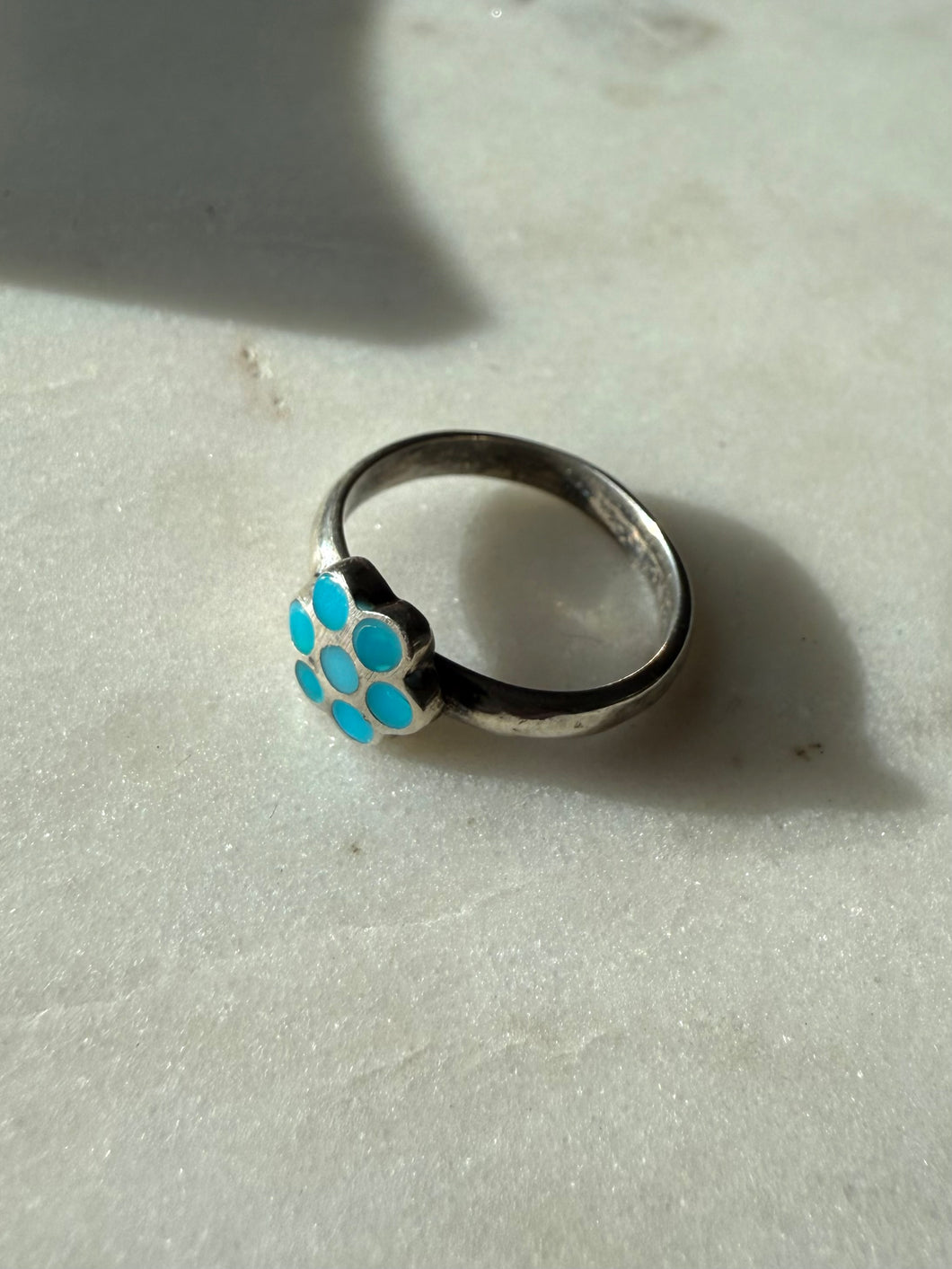 Turquoise Inlay Flower Sterling Silver Vintage Ring Size 6.25