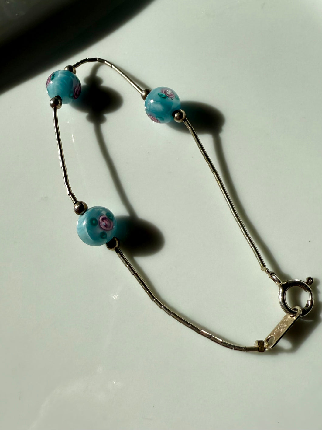 Floral Glass Bead Sterling Silver Bracelet 7”